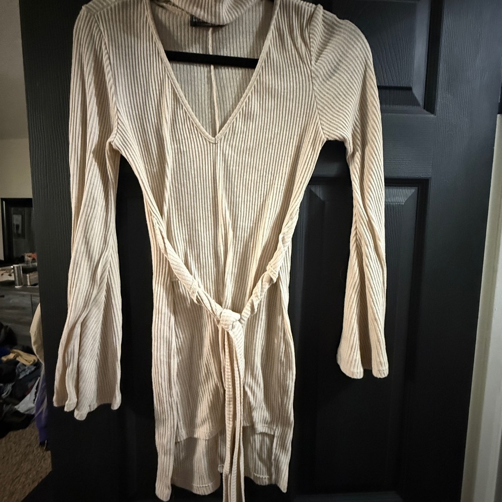 Fashion Nova Beige Ribbed V-Neck Dress